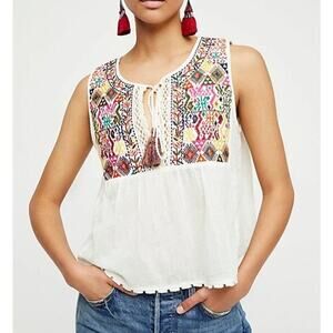 Free People White Embroidered Floral Flowy Lohri Tank Top Sz S N